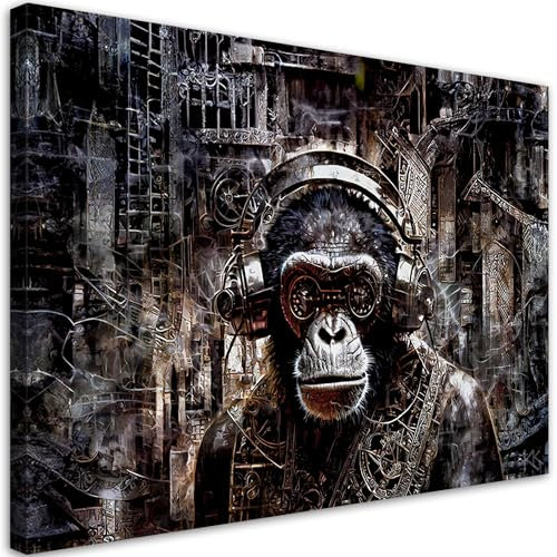 Feeby Leinwandbild - Bilder Wohnzimmer - Affe mit Kopfhörer Musik - 90x60 1tlg - Deko Schlafzimmer - Wanddekoration - Aesthetic - Groß Moderne Bild - Foto auf Leinwand