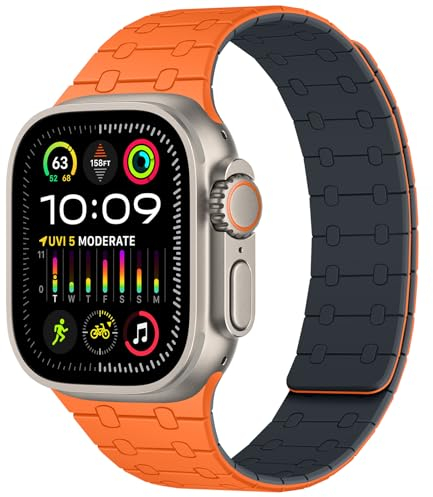 Amizee Correas Compatible con Apple Watch 49mm 46mm 45mm 44mm 42mm, Pulsera Magnética Silicona para iWatch Ultra/Ultra 2 Series 10 9 8 7 6 5 4 3 2 1 SE (Naranja Medianoche)