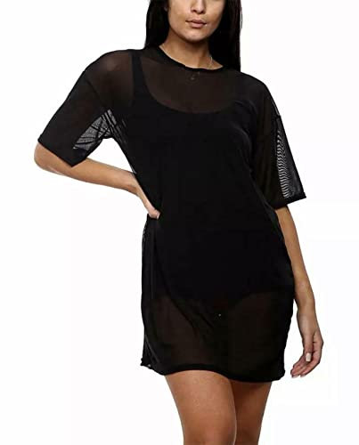 FASHIONISM Womens Short Sleeve See Through Sheer Mesh Short Dress Ladies Beach Cover Up Sexy Party Wear Tunic Dress Top Size UK8-26 Black