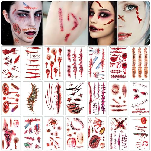 oeeo 40 Blätter Halloween Scars Tattoos, Temporäre Tattoos,Halloween Zombie Scars Tattoos Aufkleber, Halloween Tattoo Gesicht für Halloween Kostüm Makeup Stützen