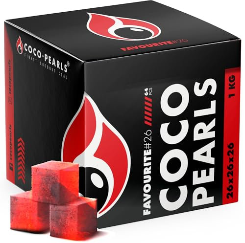 COCOPEARL Kokos Kohle, 100% Natürliche Kokosnuss Kohle, Brenndauer Bis 90 min, Kein Geschmack Naturkohle, Ideal für BBQ und Grillkohle, Umweltfreundlich (Favorite26, 1kg - 26mm)