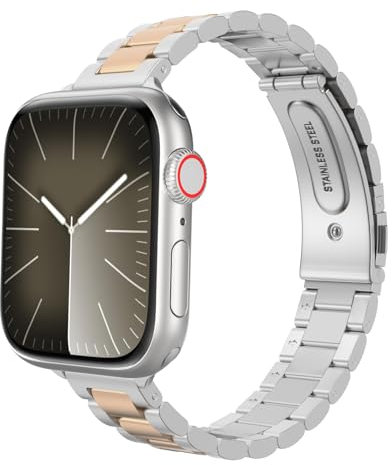 MoKo Correa de Acero Inoxidable Compatible con Apple Watch Ultra 3/2/1 49mm,S11/S10 46mm,9/8/7 45mm,SE3/SE2/SE/6/5/4 44mm,3/2/1 42mm, Pulsera de Reloj Ajustable con Extractor, Plata/Oro Rosa