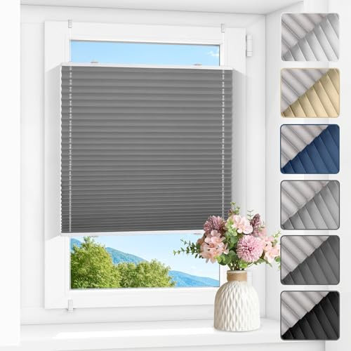 Zarnan Plissee ohne Bohren Verdunkelung Thermo Plissee Klemmfix Grau B65 x H180 cm(BxH) plisseerollo Klemmfix 100% Blickdicht Jalousien for für Fenster innen Sichtschutz