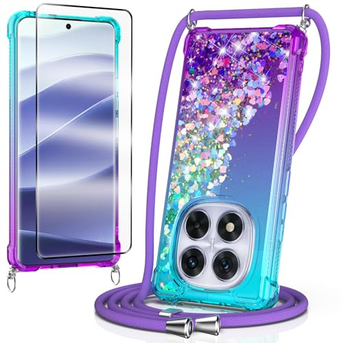 WQRTYJK Coque pour Xiaomi Redmi Note 14 Pro 5G,avec Verre Trempé Protection écran Liquide Paillette Antichoc Silicone Housse avec Cordon Collier Tour de Cou Lanière Coque,Purple