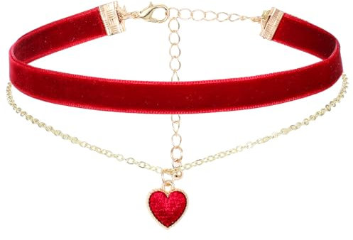 HJZHII Rot Choker Damen für Dirndl Rot,29.5-36.5cm Halsband Schmuck für Dirndl Samt Damen,Samt Halskette Klassische Herz Geschichtet Schmuck für Teenager Mädchen Gothic Kette 90er Deko Trachtenschmuck