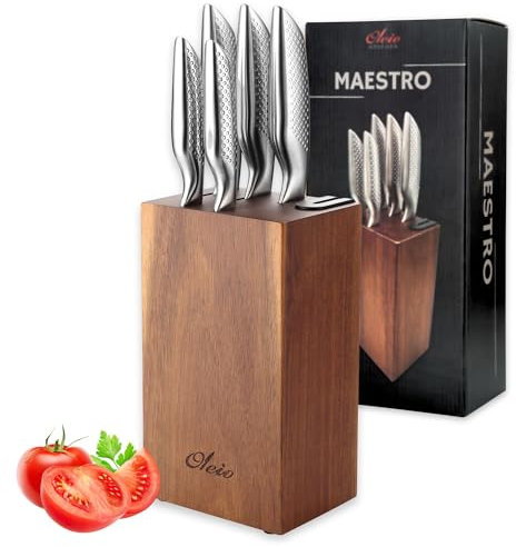 Oleio Maestro Messerblock Set – 5-teiliges Küchenmesser Set aus Edelstahl, mit Block aus Akazienholz und integriertem Messerschärfer, Scharfe Küchenmesser für Profis & Hobbyköche