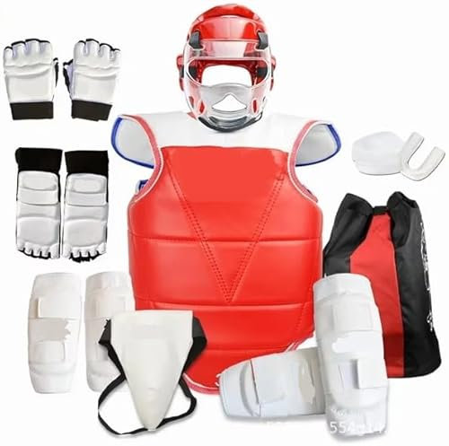 Taekwondo Schutzanzug für Erwachsene und Kinder, Wettkampfsport-Set, Schienbeinausrüstung, Kopf-Mund-Handschuhe, kombinierter Sportschutz, Kinder (Rot, 160–170 cm)