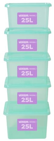 Wham Plastic Storage Boxes With Lids 25L Home Office Stackable Nestable Container Box, Easy fit Underbed Protective Storage Box, 42.5 x 33 x 25.5 cm - Tint Spearmint (Set of 5)