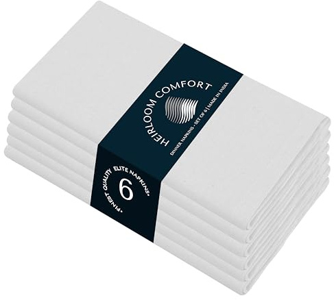 HEIRLOOM COMFORT Weiße Stoffservietten, 6 Stück, 100 % Baumwolle, 43 x 43 cm, weich, waschbar, wiederverwendbar, perfekt für Hotels, Restaurants, Mittagessen, Hochzeiten, Veranstaltungen, Partys, den