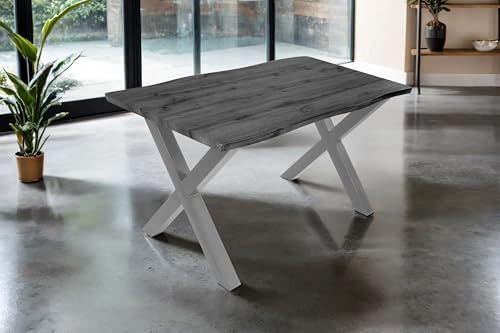 SAM Esstisch Josy | 160 x 85 cm | Holz-Optik in Grau | X-Gestell Metall Silber | 40 mm Tischplatte mit Baumkante | Tisch für Esszimmer & Küche