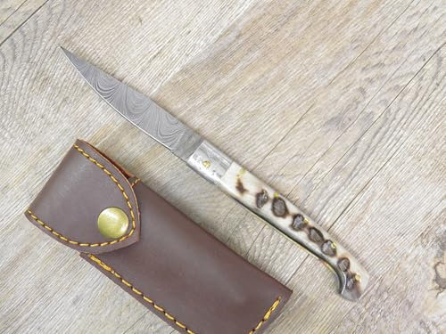 Generico Coltello artigianale Pattada Lama Damasco Manico in Corno Di Montone Grezzo (20,5cm totali)
