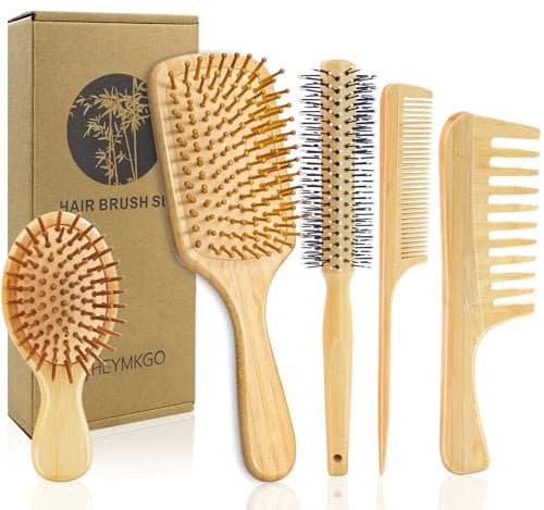 HEYMKGO 5 Brosses à Cheveux en Bambou,Naturel Peignes en Bois De Massage Brosse Demelante Cheveux pour Cheveux Secs/Frisés/Mouillés, Brosse Cheveux Femme et Homme