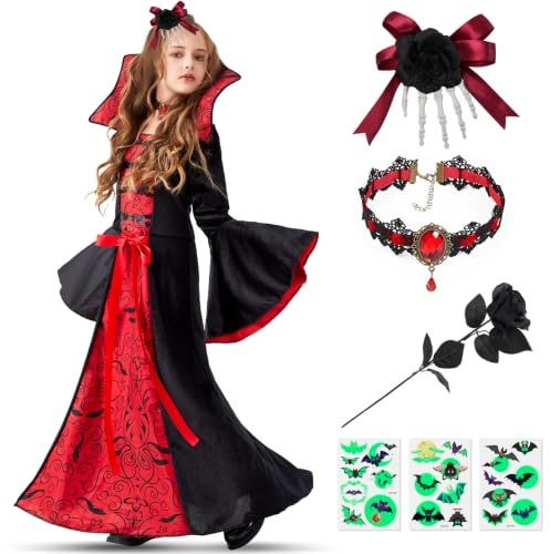Lubolee Fasching Halloween Kostüm Mädchen, Gruseliges Karneval Kostüm Kinder Mädchen, Vampir Kostüm Kinder Set Mit Kopfschmuck, Halsketten, Schwarze Rosen und im Dunkeln Leuchtende Tattoo-Aufkleber