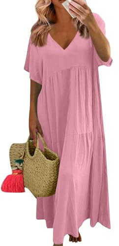 Robe Boheme Chic Longue Femme 2025 Mode en Coton Lin à Col en V à Manches Courtes Plus Size Couleur Unie Plissee Fluide Robe de Plage ÉTé Grande Taille pour Fête Vacances