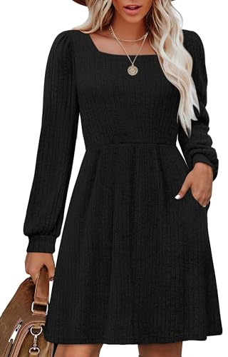 Aokosor Women Dresses Long Sleeve Jumper Dress Ladies Square Neck Tunic Dress with Pockets Knee Length Jumper Dress Size 10-12 Black M