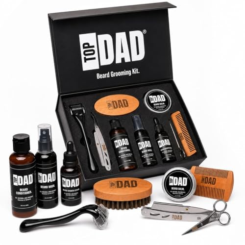 Top Dad Organic Beard Care Kit for Men – Natural 9-Piece Grooming Set | Includes growth roller, brush, comb, scissors, razor, beard oil, balm, and wash for comprehensive daily care
