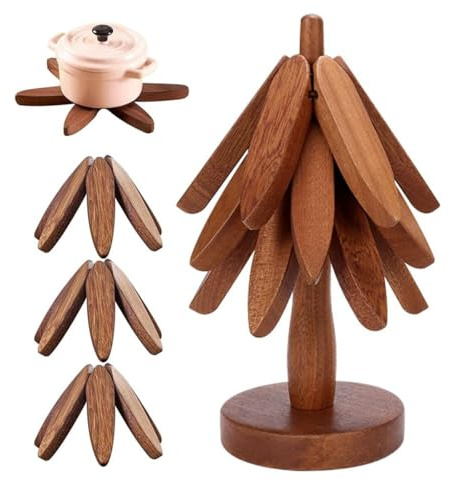 MaoNativey Set of 3 Wooden Christmas Tree Shaped Coasters with Storage Stand - Heat Resistant & Foldable Table Protectors for Hot Pots, Pans, Bowls