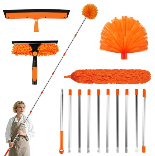 Plumero telescópico lavable, con barra telescópica y cabezal de microfibra, para ventilador de techo, ventanas, paredes y pantalla (naranja)