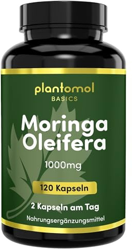 Moringa Kapseln hochdosiert - 2 Monatsvorrat - plantomol® Basics | Moringa hochdosiert - 1000mg reine Moringa-Blattpulver Kapseln pro Tagesdosis - Moringa Oleifera Kapseln