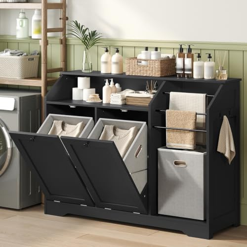 STHYTON Ausklappbarer Wäscheschrank mit 4 Haken und 3 Handtuchhalter, Badschrank mit 2 Wäschekörben, Wäschekorbschrank für Bad, Waschküche, Küche, Schwarz