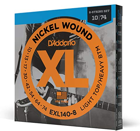 D'Addario Corde Chitarra Elettrica - EXL140-8 - Set Corde per Chitarra Elettrica per Ferita Nichel - 8 Corde - Top Leggero/fondo pesante, 10-74 - 1-Paccetto