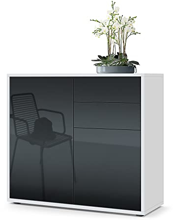 Vladon Sideboard Ben, Made in Germany, Kommode mit 2 Türen und 2 Schubladen, Weiß matt/Schwarz Hochglanz (79 x 74 x 36 cm)