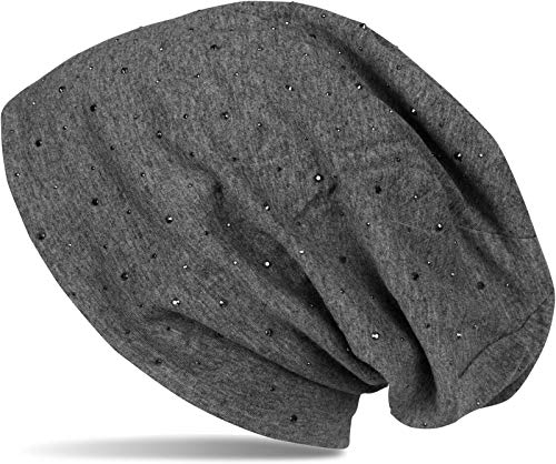 styleBREAKER Damen Beanie Mütze mit edler Strass-Nieten Applikation, Longbeanie Slouch 04024037, Farbe:Dunkelgrau