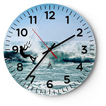 Modern Wanduhr Drachen-Surfen Wasser Ozean 30x30cm Rund Klein Wand Uhr Glas Analog Zimmeruhren Küche Büro Wohnzimmer Glasuhr Wall Clock Dekoration Design Wanddekoration Küchenuhr C4AR30x30-2385