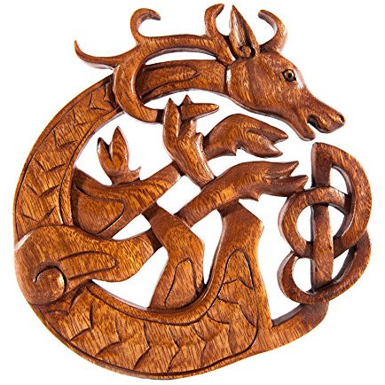 Windalf Celtic Irish Holzbild Wandornament CERNUN Ø 22 cm Keltischer Hirsch Wandrelief Keltische Knoten Holzornament Skandinavischer Holz-Dekor Handarbeit