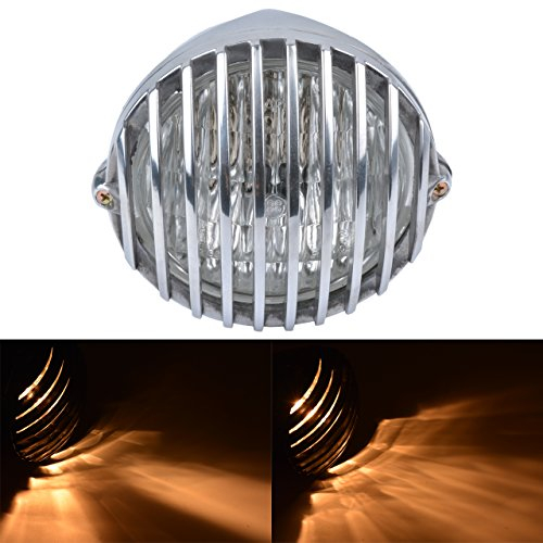 TUINCYN 6 1/2 Zoll Universalmotorrad Scheinwerfer Retro Grill Einzigen Runde 12 V 55 Watt Halogenlampe(Silber Shell)