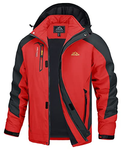 TACVASEN Men's Outdoor Waterproof Jackets Lightweight Rain Jacket Hooded Winter Hiking Coats with Micro Fleece Red,M