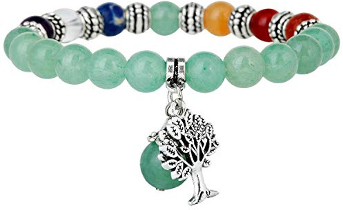 mookaitedecor Bracelet Pierre Lithotherapie Elastique | Bracelet Chakra Perles Energie Tibétain Bouddhiste avec Pendentif Arbre de Vie