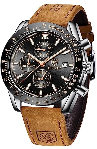 BENYAR Uhren Herren Analog Quarz Chronograph Herrenuhren 30M Wasserdicht Leuchtende Datum Braun Lederband Armbanduhr Lässig Business-Kleid Uhren Elegantes Geschenk fur Männer