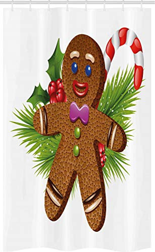 ABAKUHAUS Gingerbread Man Tenda da Doccia Stalla, Natale, Set per Il Bagno in Tessuto con Ganci, 120 cm x 180 cm, Marrone Verde Rosso