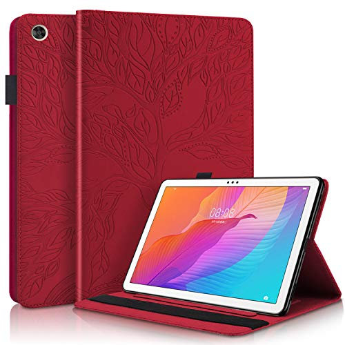 CaseFun Hülle für Huawei MatePad T10S T10 2020 Tablet Slim PU Leder Life Tree Pattern Flip Brieftasche Standabdeckung Anti Slip mit Bleistiftkartenhalter, Huawei MatePad T 10S / T 10 Rot
