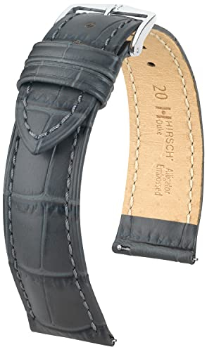 HIRSCH Uhren-Armband Duke L - Uhr-Band aus italienischem Kalbs-Leder mit Alligator-Prägung - Grau - 22 mm