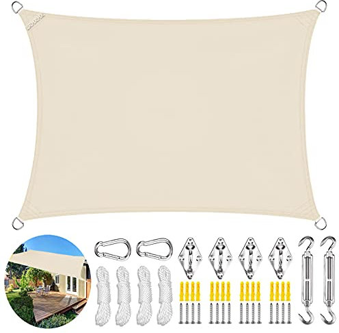 LRHRHR Voile d'ombrage Rectangulaire 3x6m Polyester Toile Solaire Imperméable Anti UV avec kit de Fixation, pour Jardin Terrasse -Crème