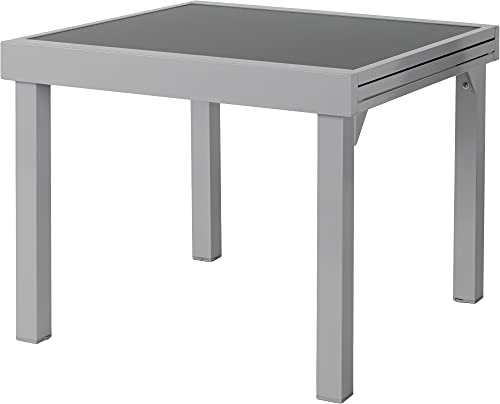 ib style Gartentisch Diplomat, Ausziehbar 90-180 cm, Outdoor, Aluminium Esstisch, Balkonmöbel, Gartenmöbel, Tischplatte aus Sicherheits Glas, Silber Anti Fingerprint