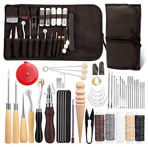 NAMOON 55 Pcs Leather Sewing Kit Leather Working Tools Set DIY Craft Tools with Wool Daubers, Sewing Awl, Stitching Groover, Waxed Thread, Upholstery Repair Kit for DIY Craft Making