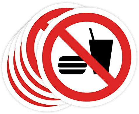 Pegatinas Prohibido 5ud Adhesivos de 5 cm Cartel Prohibicion Señal Laboral Industrial (5 cm, COMER O BEBER)