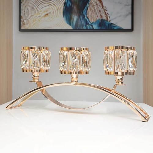 3 Arms Crystal Bowl Tealight Candelabra Votive Candle Stand, Candlestick Holders Wedding centerpieces for Tables Crystal Candlestick,Centerpiece Table Decorations (Gold)