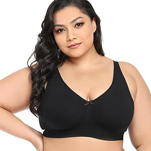 VSEISNOO UK Women's Minimiser Wireless Cotton Non Padded Full Cup Plus Size Comfort Bra Black
