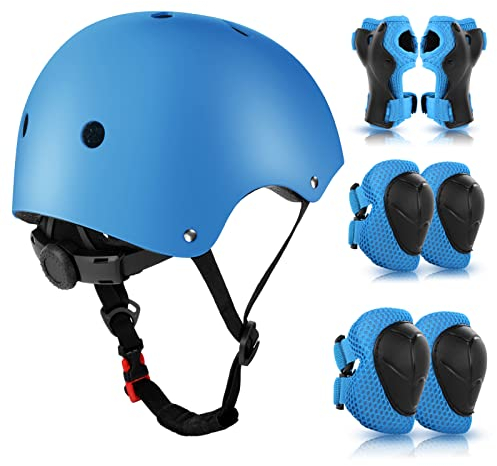 WayEee Knieschoner Kinder mit Helm, Schonerset Kinder 3-10 Jahre, Knieschützer Inliner Kinder Schutzausrüstung für Inliner Skateboard Fahrrad Rollschuh (blau)