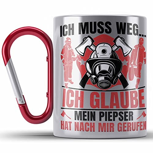 Trendation - Feuerwehr Spruch Geschenk Edelstahl Tasse Karabiner Feuerwehrmann Geschenkidee Lustig Männer (Rot)