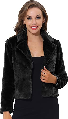 Allegra K Damen Cropped Kunstpelz Jacke Revers Cardigan Shrug 2023 Winter Flauschiger Kunstpelz Mantel, Schwarz, S