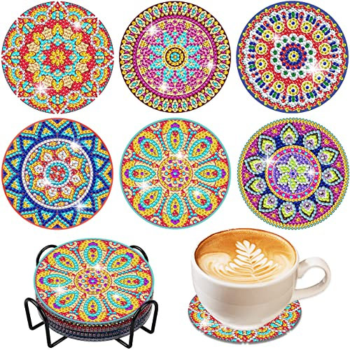 Vcekract Lot de 6 dessous de verre pour peinture diamant Mandala avec support, kits d'art diamant pour dessous de verre, kits de peinture diamant 5D pour adultes et enfants
