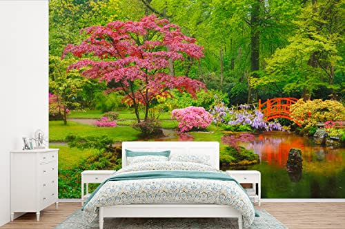 Selbstklebend Tapete Wandpapier Wandaufkleber Fototapete Tapeten Wanddeko 450x300 cm Brücke - Japanisch - Botanisch - Bäume - Blumen