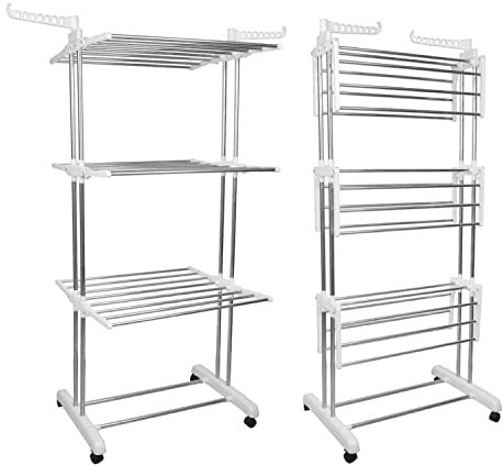 SHISHI Étendoirs à Linge sur Pied, 3 Niveaux, Pliable et Portable, Acier Inoxydable et Plastique, Sechoir a Vêtements pour Intérieur/Extérieur (72×49×170 cm Blanc-Argent D)