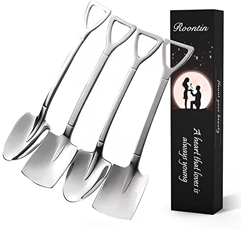 4 PCS Shovel Spoon, Stainless Steel Coffee Stirring Shovel Shape Dessert Spoons for Kitchen Tea Parties (Silver)