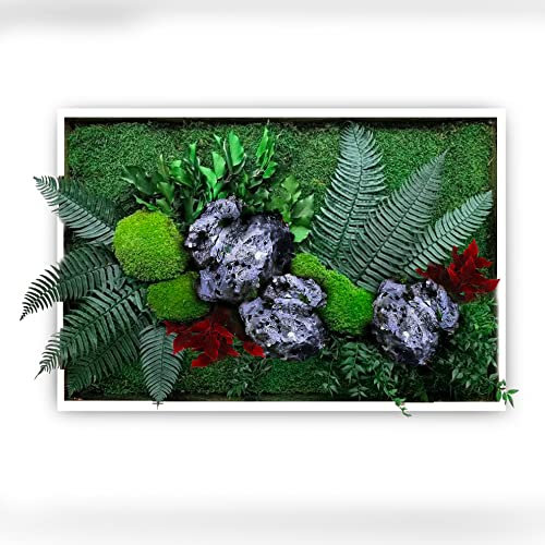clorophilla. Quadro Vegetale con Piante Vere Stabilizzate e Roccia Finta, No Manutenzione, Polvere, Idea Regalo, Profuma e Decora - Cornice Bianca Legno (50x70)